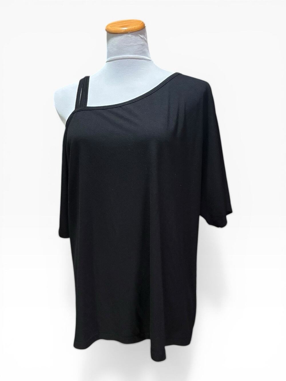 One Shoulder Strap Stretch Knit 3/4 Sleeve Top Black Size XL